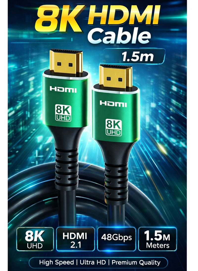 أتش دي كابل HDMI عالي السرعة 8K بطول 1.5 متر، 48 جيجابت في الثانية، كابل HDMI 2.1 مصنوع من سبائك الألومنيوم، كابل HDTV ذكر إلى ذكر، كابل HDTV 2.0/1.4، كابل 8K HDTV، كابل HDTV 2.1 عالي السرعة 4K120 144 هرتز 8K60 هرتز ثلاثي الأبعاد، متوافق مع PS5 وPS4 وأجهزة التلفزيون فائقة الدقة والكمبيوتر الشخصي، كابل HDTV عالي السرعة، حزمة كابل HDTV، اتصال وحدة التحكم، مزامنة الصوت والفيديو، كابل إصدار HDTV، سلك ذكر إلى ذكر، شكل كابل دائري، كابل من سبائك الألومنيوم، هيكل ألومنيوم متين، أداء موثوق، للاعبين، مطوري التكنولوجيا - Image 1